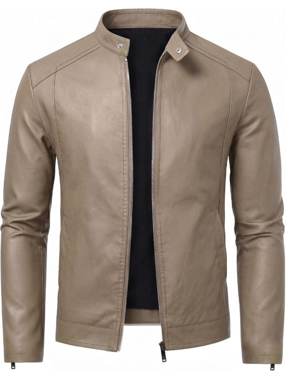 Men’s Khaki Faux Leather Motorcycle Moto Biker Jacket Stand Collar Coat